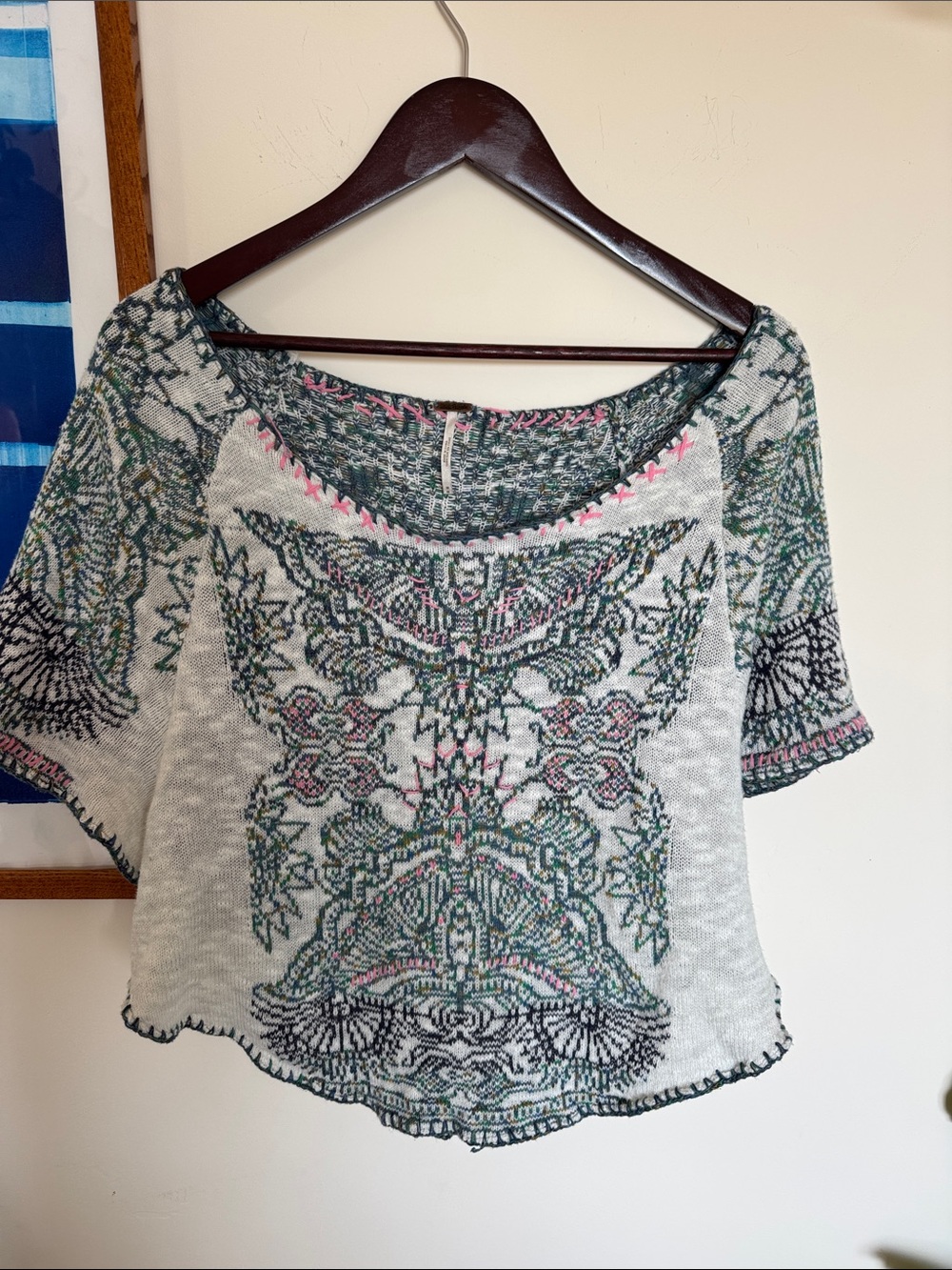 Free People Cream Knit Crop Top with Green & Pink Motif